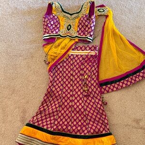 Ethnic Indian Wear Purple Yellow girls lehenga skirt blouse dupatta